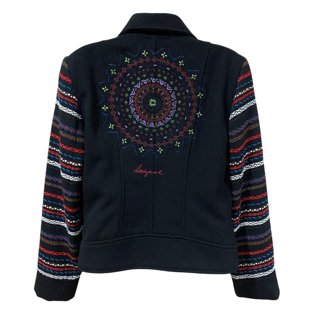 Desigual Womens Black Wool Moto Jacket With Embroidered Accents & Zip Closure Si